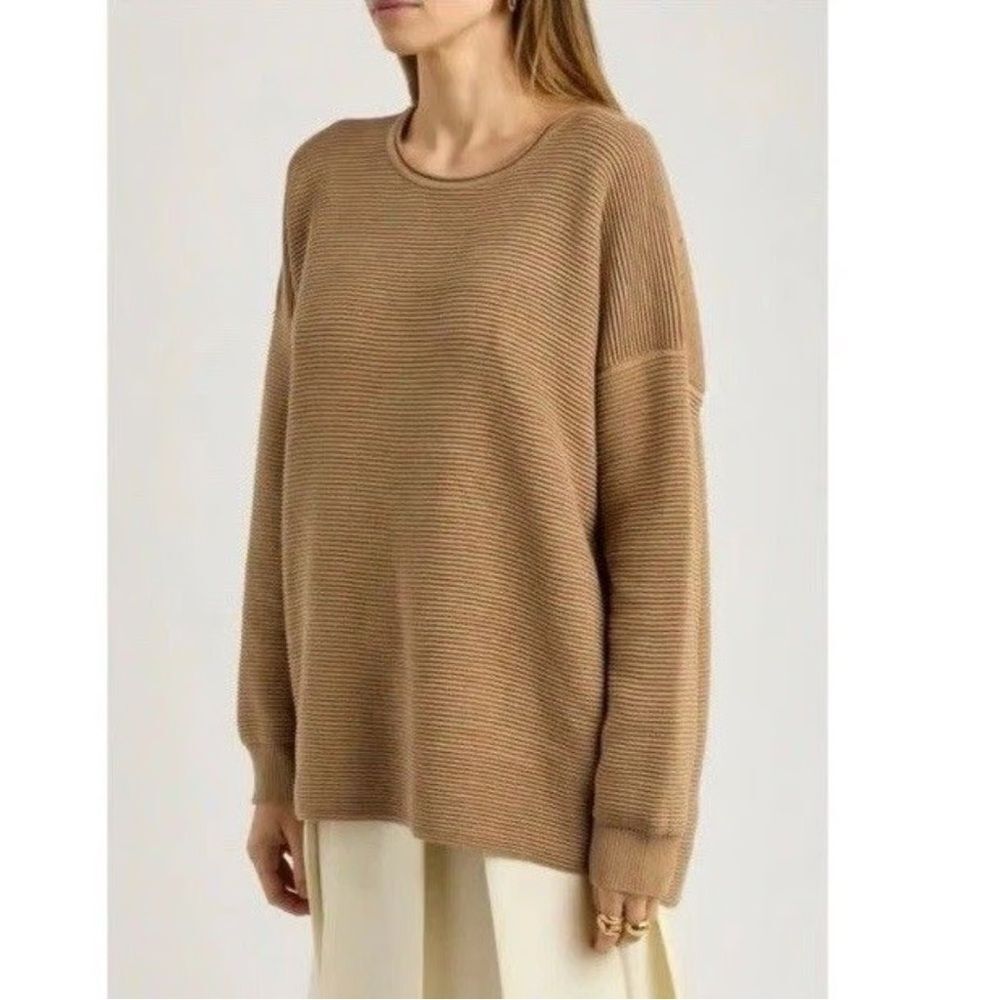Eileen Fisher Camel Ribbed Knit Organic Cotton Crew Neck Tunic Sweater Size S